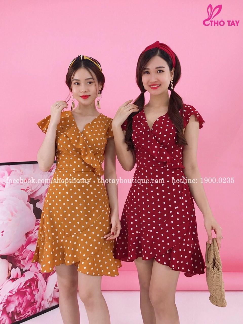 Đầm voan bi kiểu cổ v đắp chéo phối bèo phía dưới duyên dáng tts0690