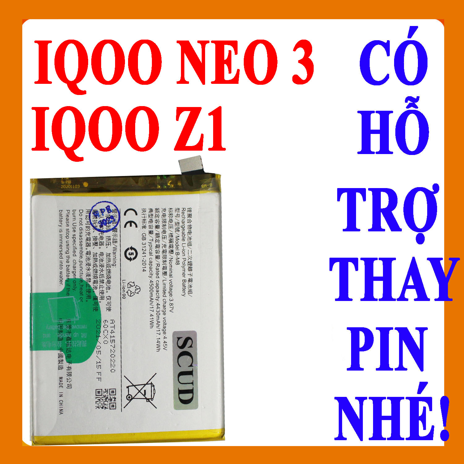 Pin scud cho vivo iqoo neo 3/iqoo neo/iqoo z1/iq00 neo 3/iq00 neo/iq00 z1/y02/y16/y15s/y01/y15a