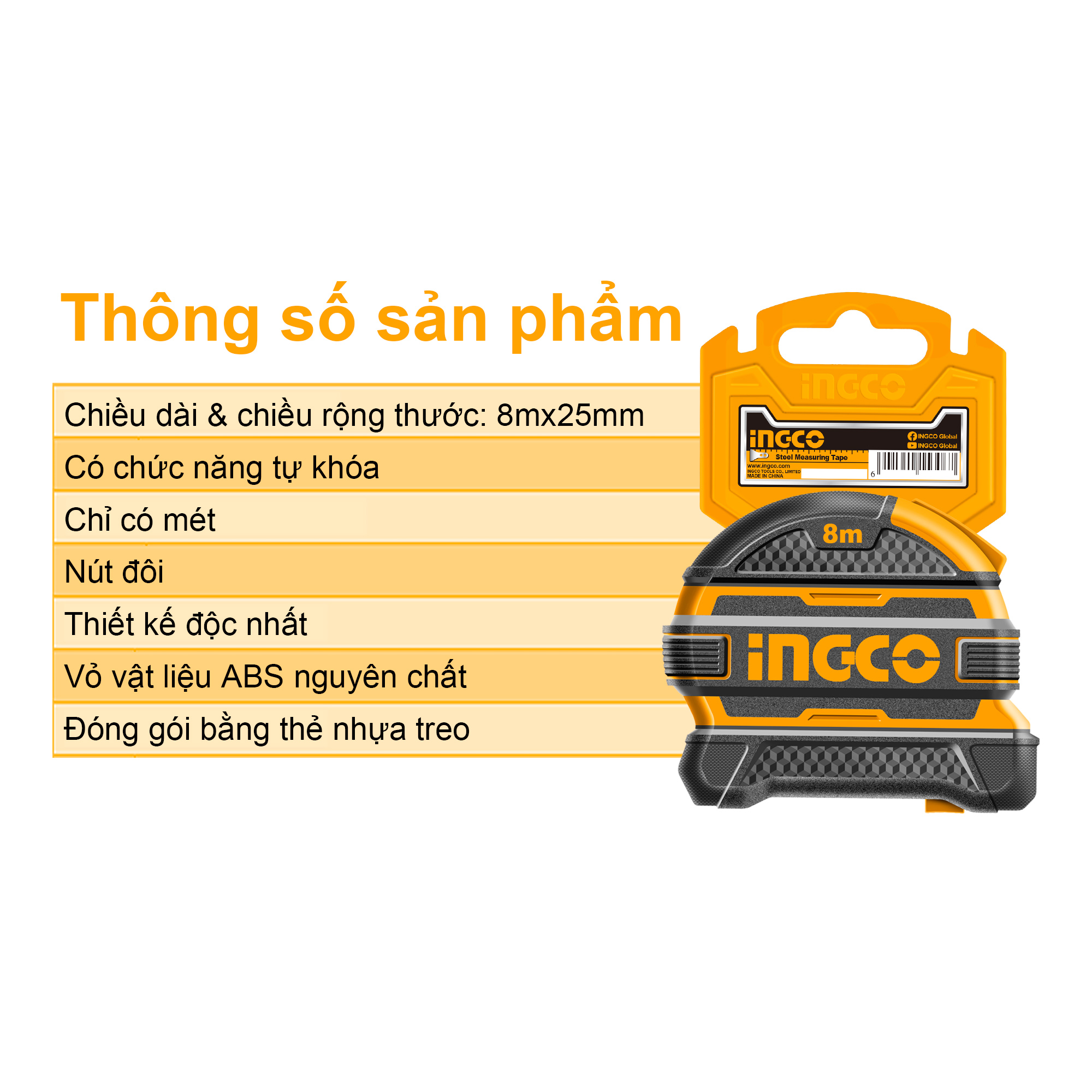 Thước đo tự hãm dài 5M HSMT08525 | 8M HSMT08825 bản rộng 25mm hệ đo lường Inch/Cm