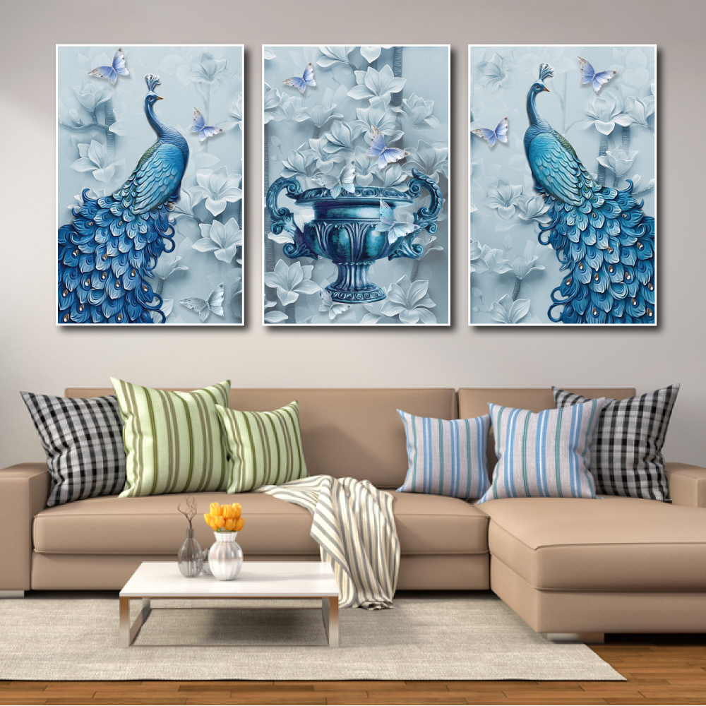 Lalashop Tranh canvas treo tường khung gỗ bộ 3 tấm tranh Chim Công xanh nghệ thuật tặng kèm đinh bộ tranh treo tường phòng khách phong thủy tài lộc