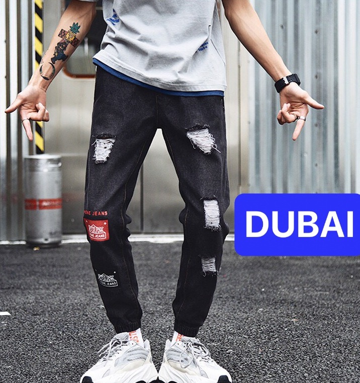 QUẦN BAGGY JEAN NAM CHẤT BÒ ỐNG RỘNG DÀI XANH ĐEN RÁCH THÊU ỐNG TÚM  CHẤT LƯỢNG CAO, CO GIÃN NHẸ  - DUBAI FASHION
