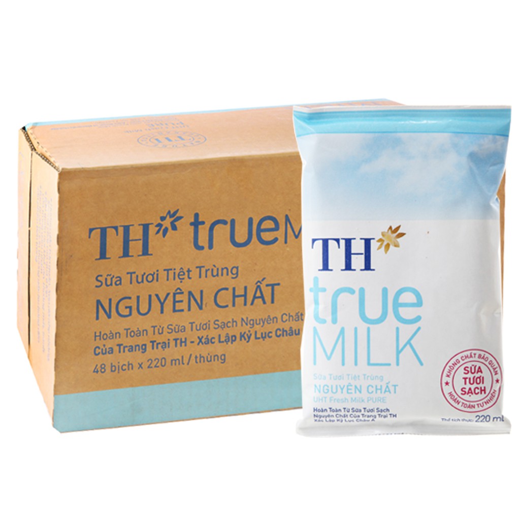 Sữa tươi TH True Milk 220 mlx48 bịch ( Có Đường / Ít Đường / Nguyên Chất )