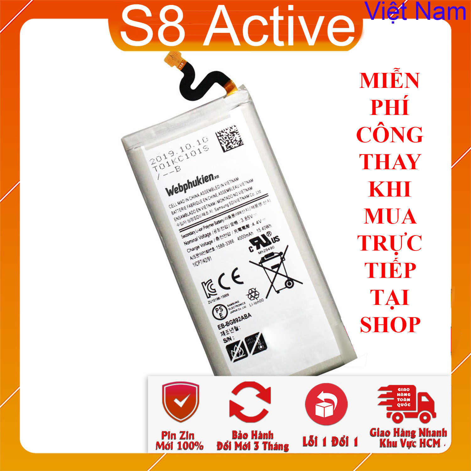 Pin webphukien cho Samsung Galaxy S8 Active EB-BG892ABA 4000mAh (Trắng)