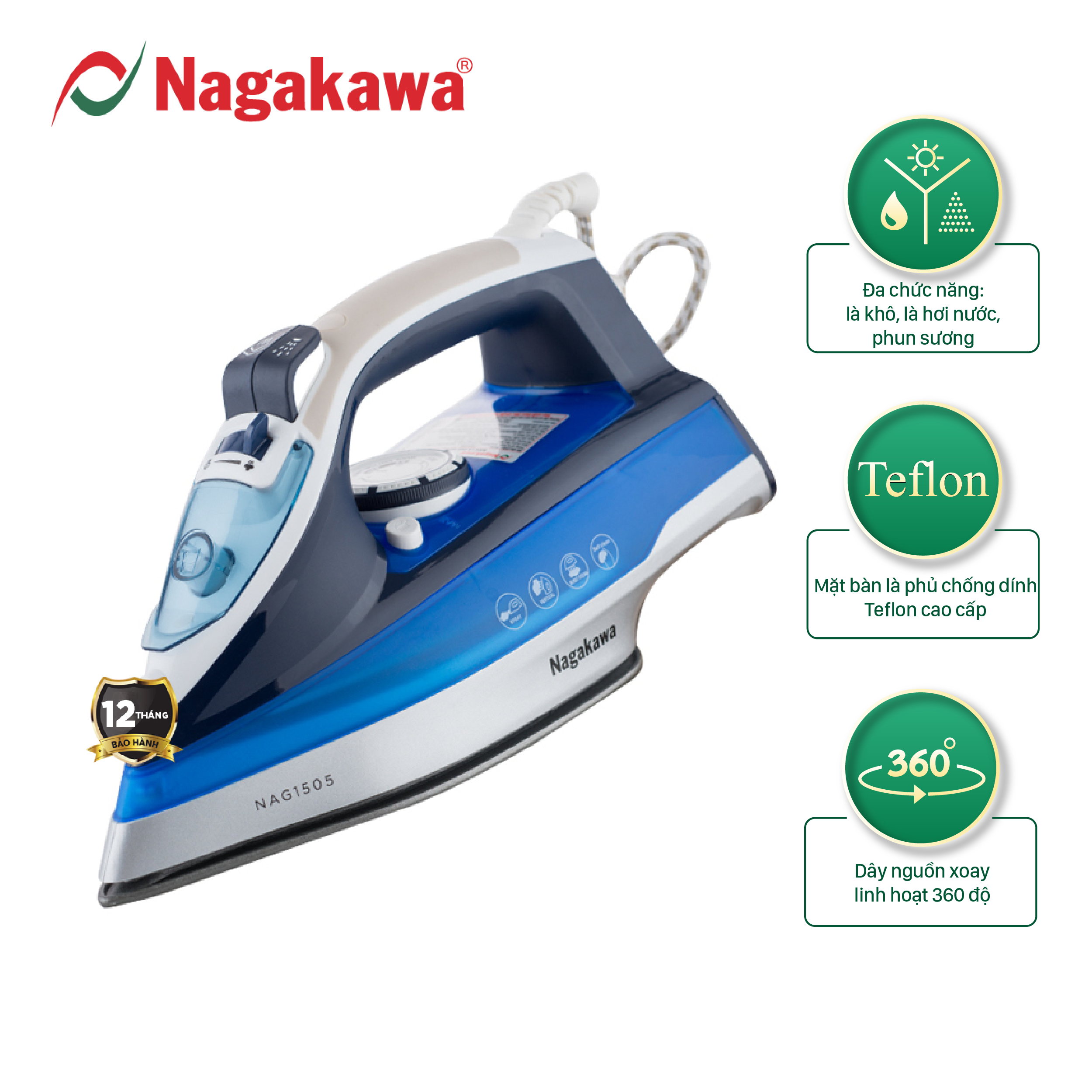 Bàn ủi hơi nước Nagakawa NAG1505, công suất 1200W, dùng cho mọi loại vải, chống dính cao cấp, chế độ ngắt tự động, bảo hành 12 tháng