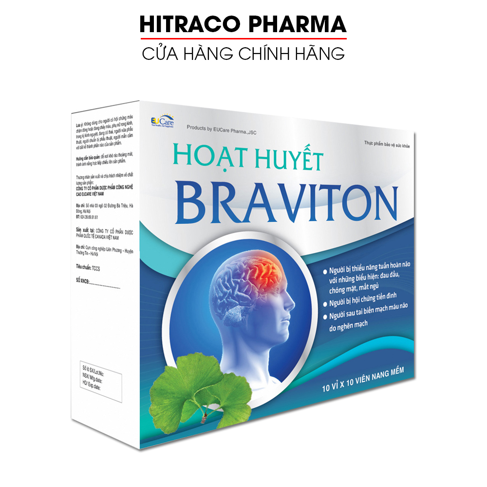 Hoạt huyết dưỡng não BRAVITON Ginkgo 180mg Giảm đau đầu, hoa mắt, chóng mặt - Hộp 100 viên sử dụng 50 ngày
