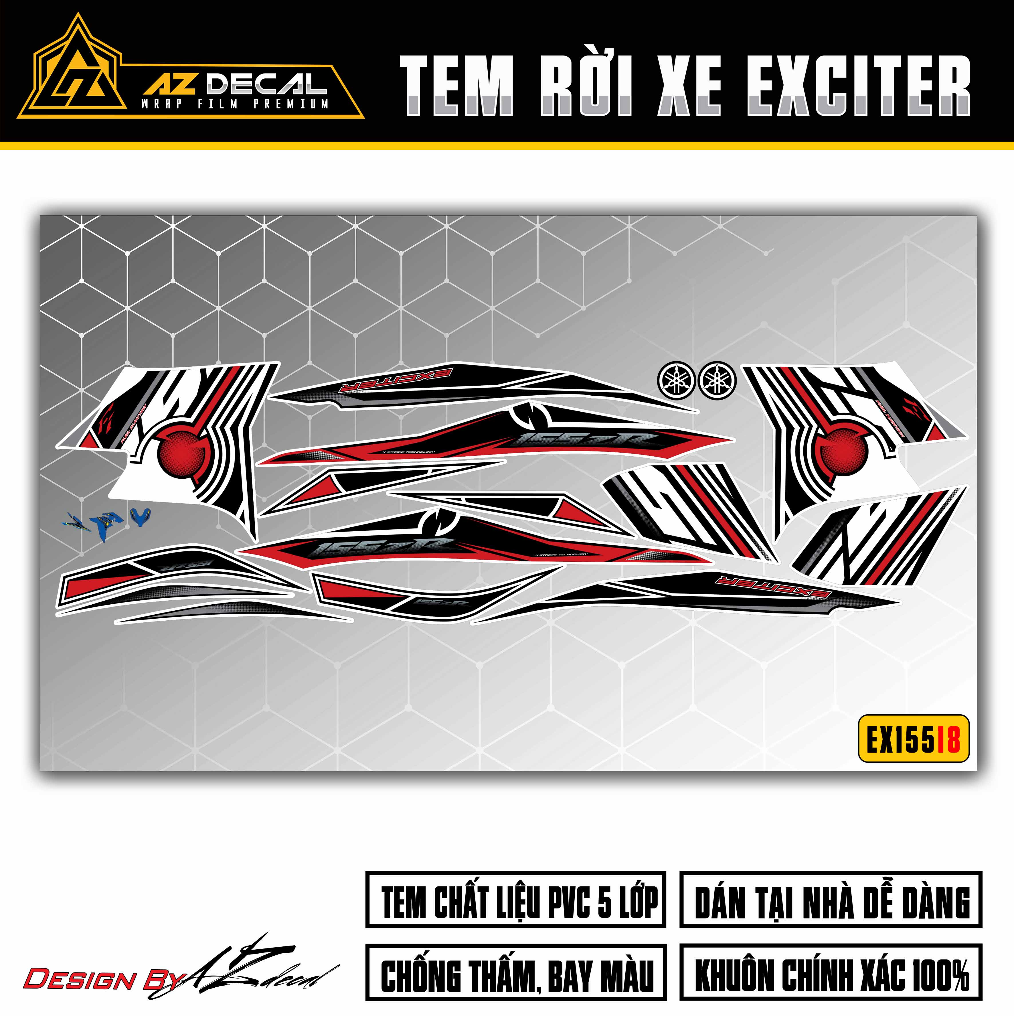 Tem Rời Xe Exciter 155 Mẫu 155ZR | EX15518 | Decal Chế Dán Ex155 Đẹp Cho Xe Đỏ, Đen, Trắng, Xanh GP | Azdecal