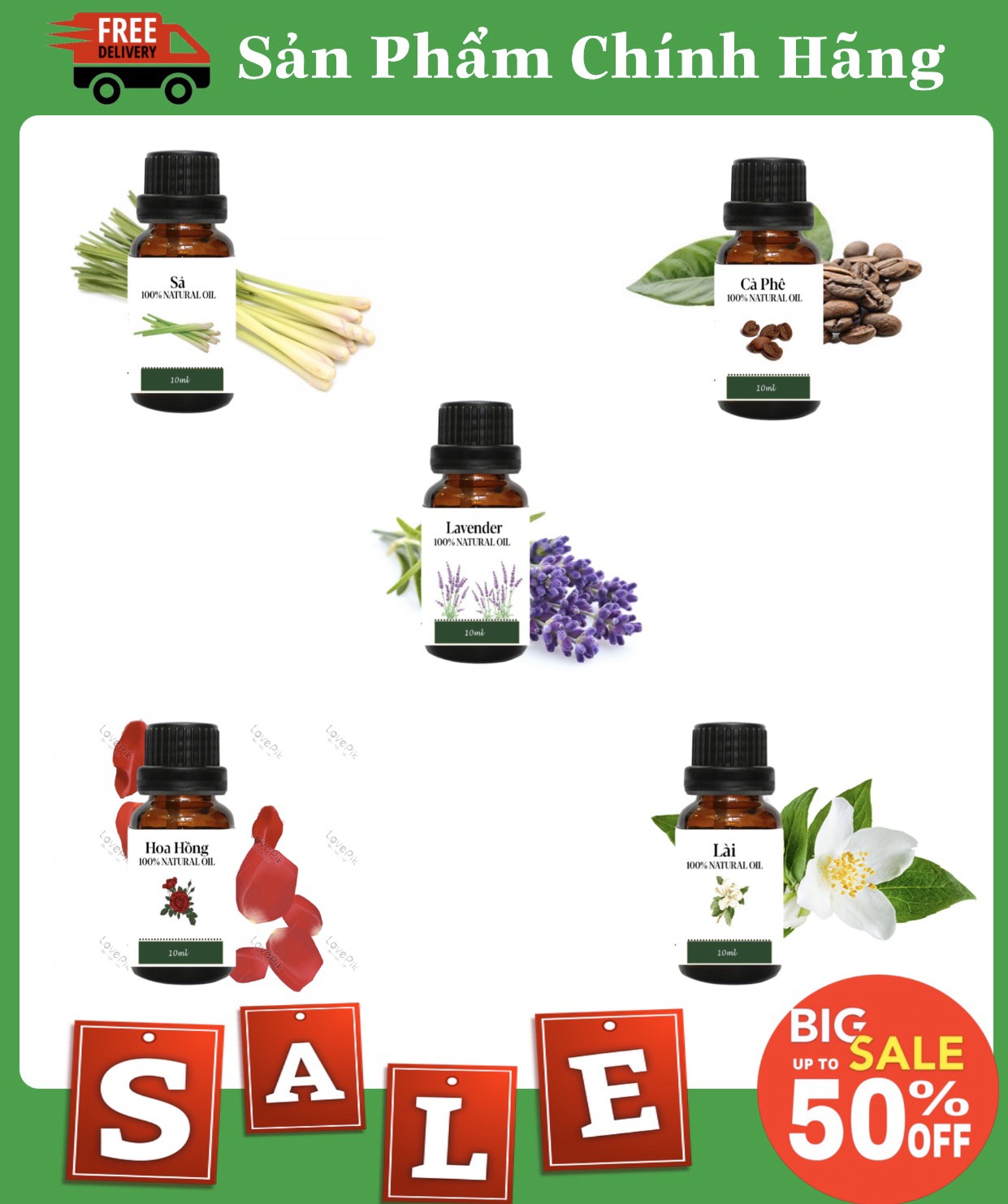 Bộ 5 chai tinh dầu thiên nhiên tinh dầu lavender hoa hồng hoa nhài sả cafe