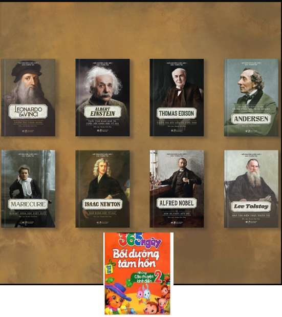 Combo 8 cuốn sách kể về cuộc đời của những thiên tài: elbert einstein + thomas edison + andersen + leonardo da vinci + marie curie + lev tolstoy + isaac newton + alfred nobe.tặng 365 ngày bồi dưỡng tâm hồn - những câu chuyện kinh điển