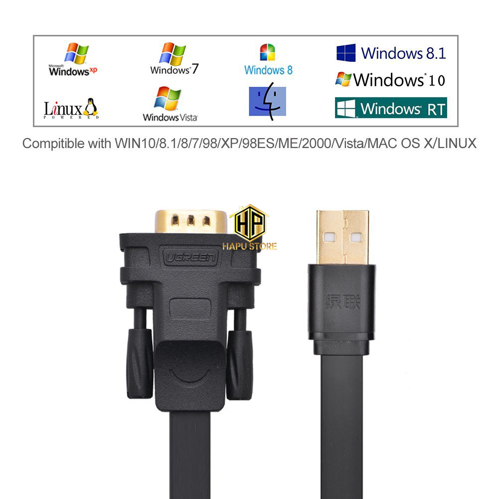 Cáp USB to COM DB9 RS232 Ugreen 20218 dài 2M dây dẹt cao cấp - Hapustore