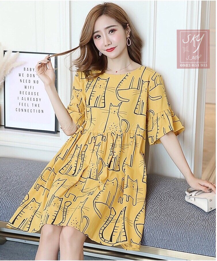 Đầm bầu, váy bầu thời trang hè Phong Cách Hàn Quốc, tay lỡ họa tiết Mèo Hoạt Hình dễ thương (có ảnh thật) hàng QC