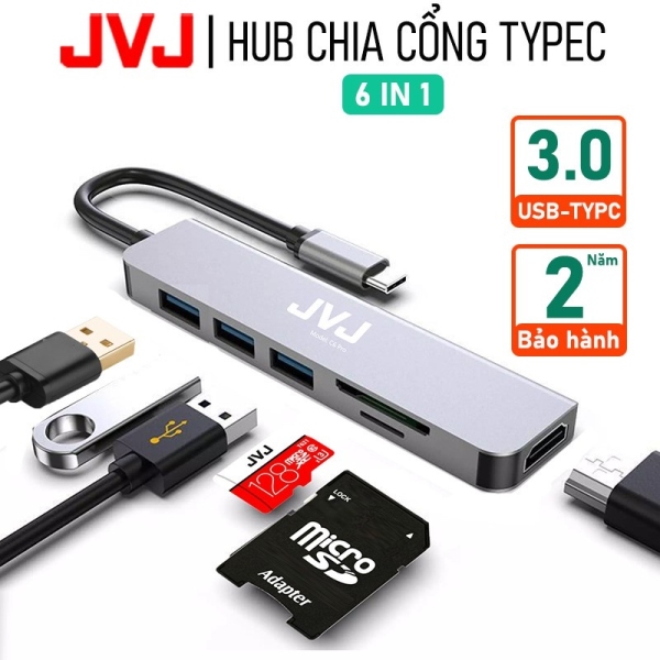 Hub type C USB C6 JVJ 6 trong 1 đa năng cổng chuyển đổi chia cổng USB 3.0 tốc độ 500Mb/s SD TF 4KHDMI cho MacBook lap