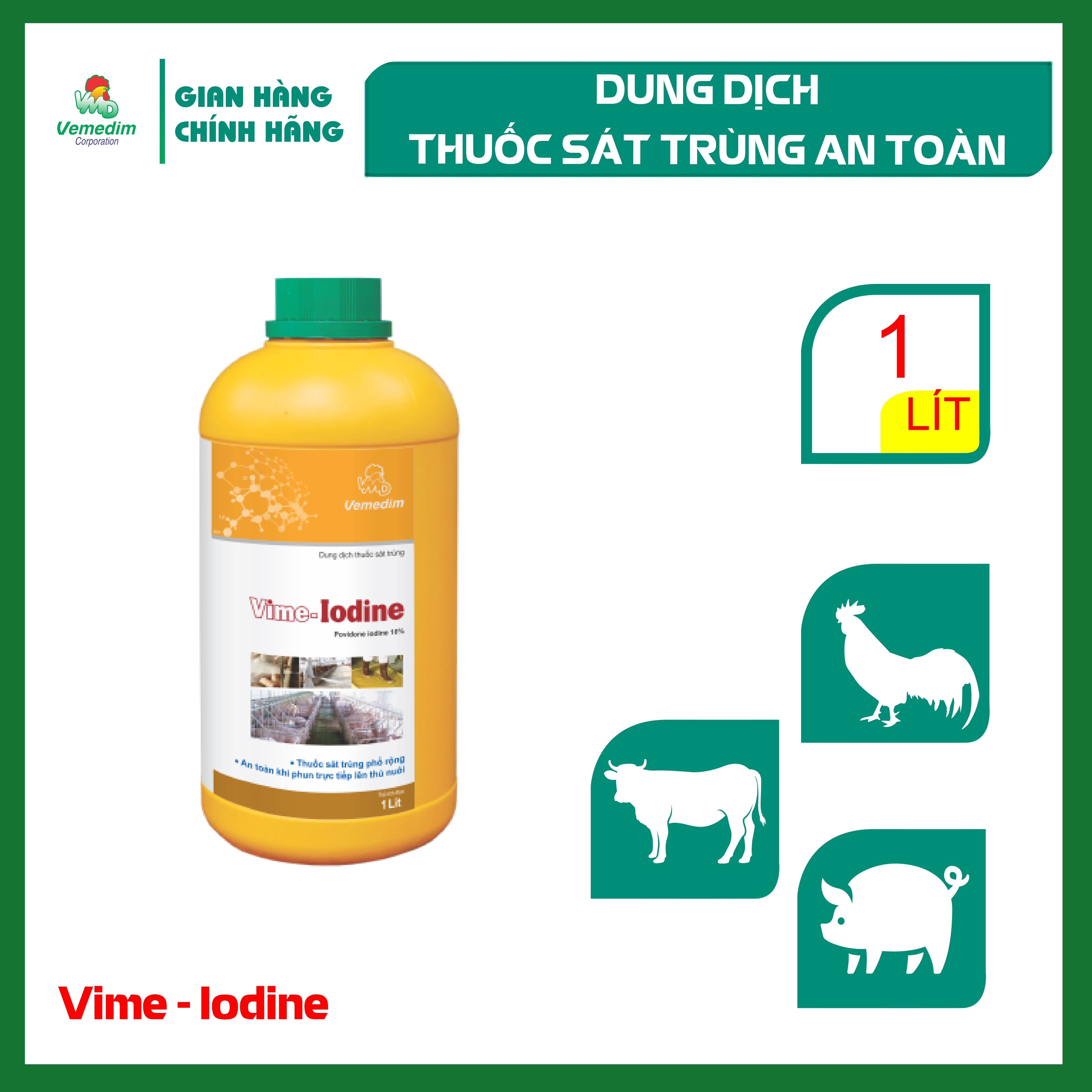 "Hoàn tiền đến 10%" Vemedim Vime-Iodine tẩy trùng vết thương cho heo, trâu bò, gia cầm, chó mèo, chai 1lit