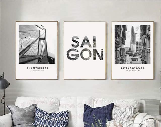 [HCM]Tranh canvas chủ đề Sài Gòn trắng đen (giá đã bao gồm khung viền)