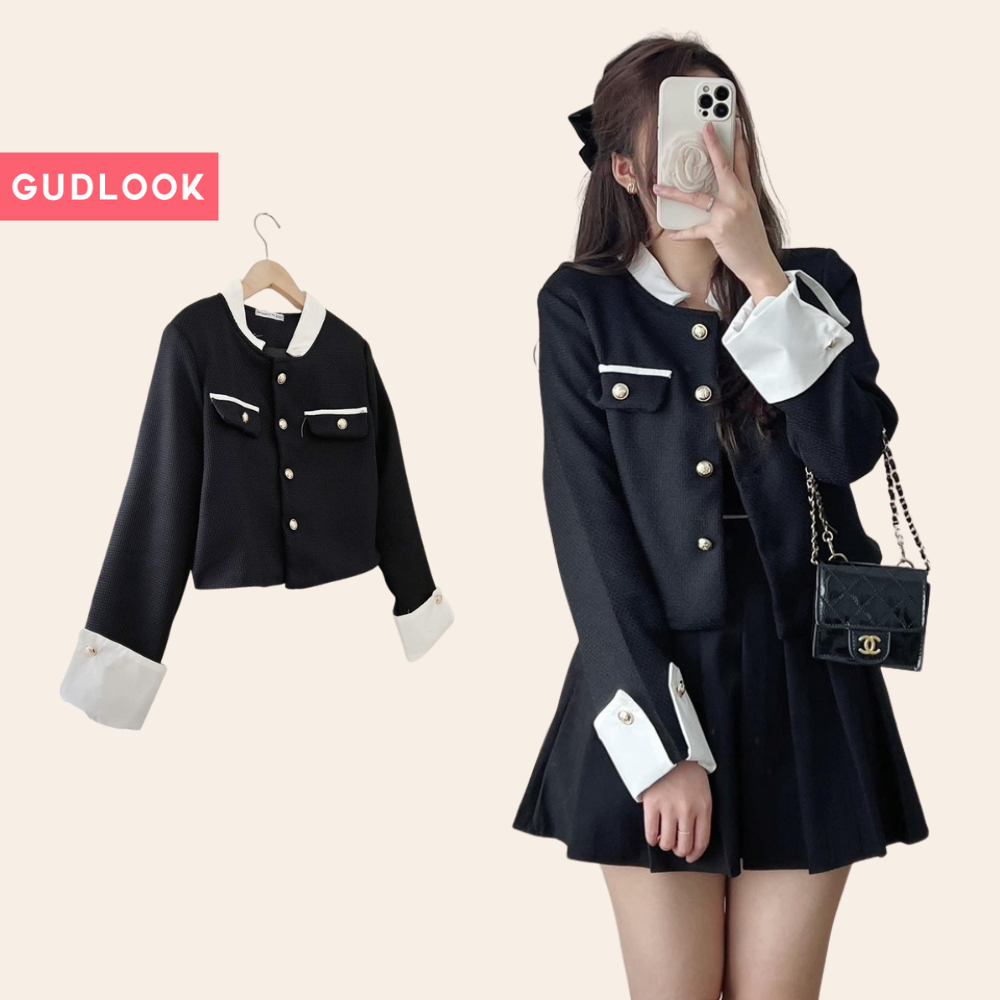 Áo Dạ GUDLOOK phối tay sơ mi dáng lửng trắng đen