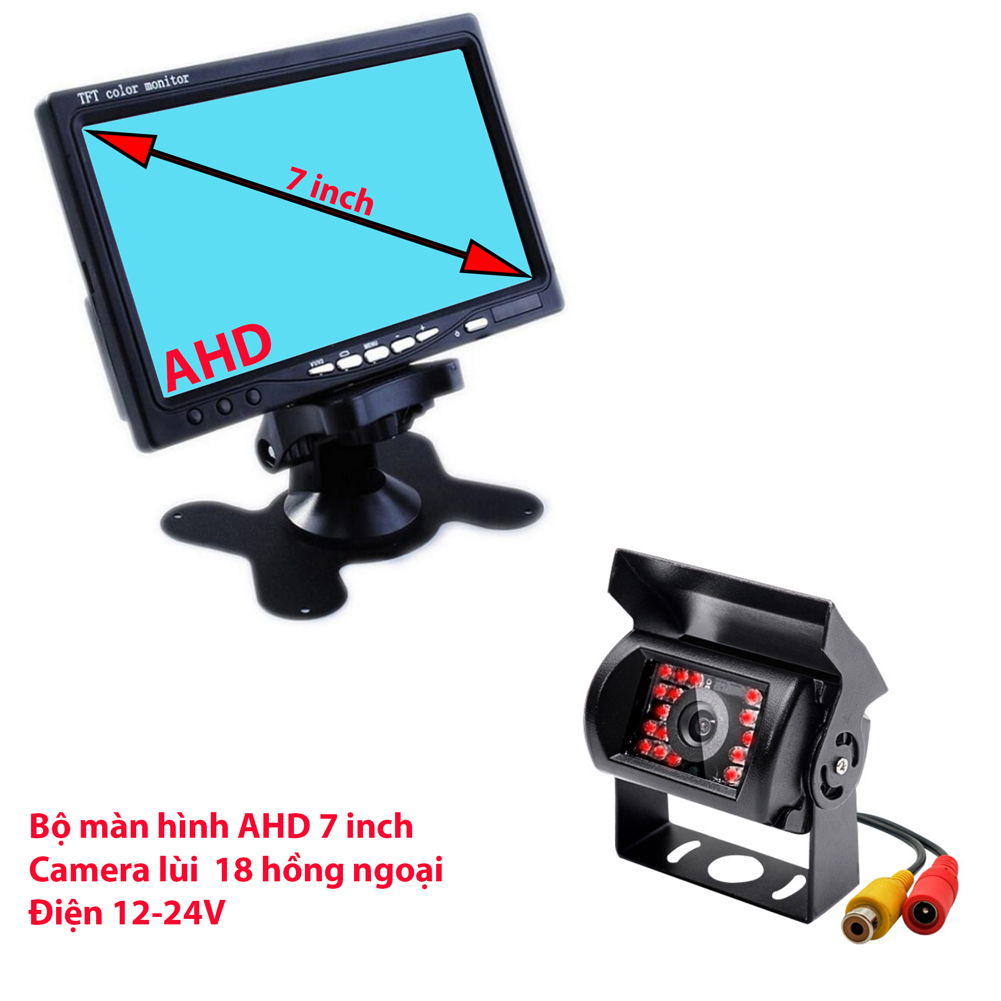 Bộ camera xe tải, màn hình ahd 7 inch, camera lùi 18 hồng ngoại. dùng điện 12-24v hn06