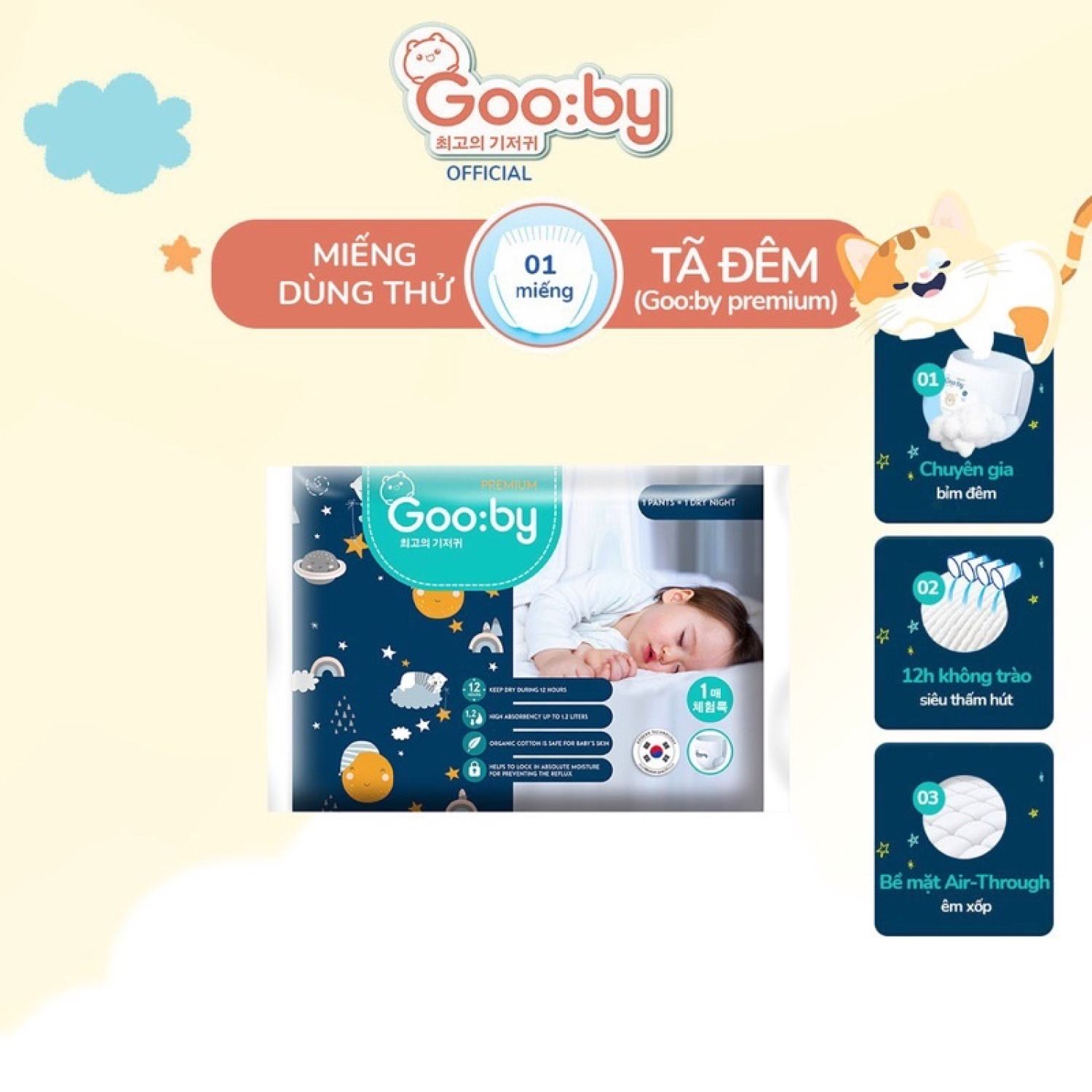 Bỉm mẫu dùng thử Tã/bỉm Gooby Premium ( Bỉm Gooby Đêm ) Siêu mềm mại, siêu thấm hút, an toàn size M/L/XL  cho bé 6- 16kg