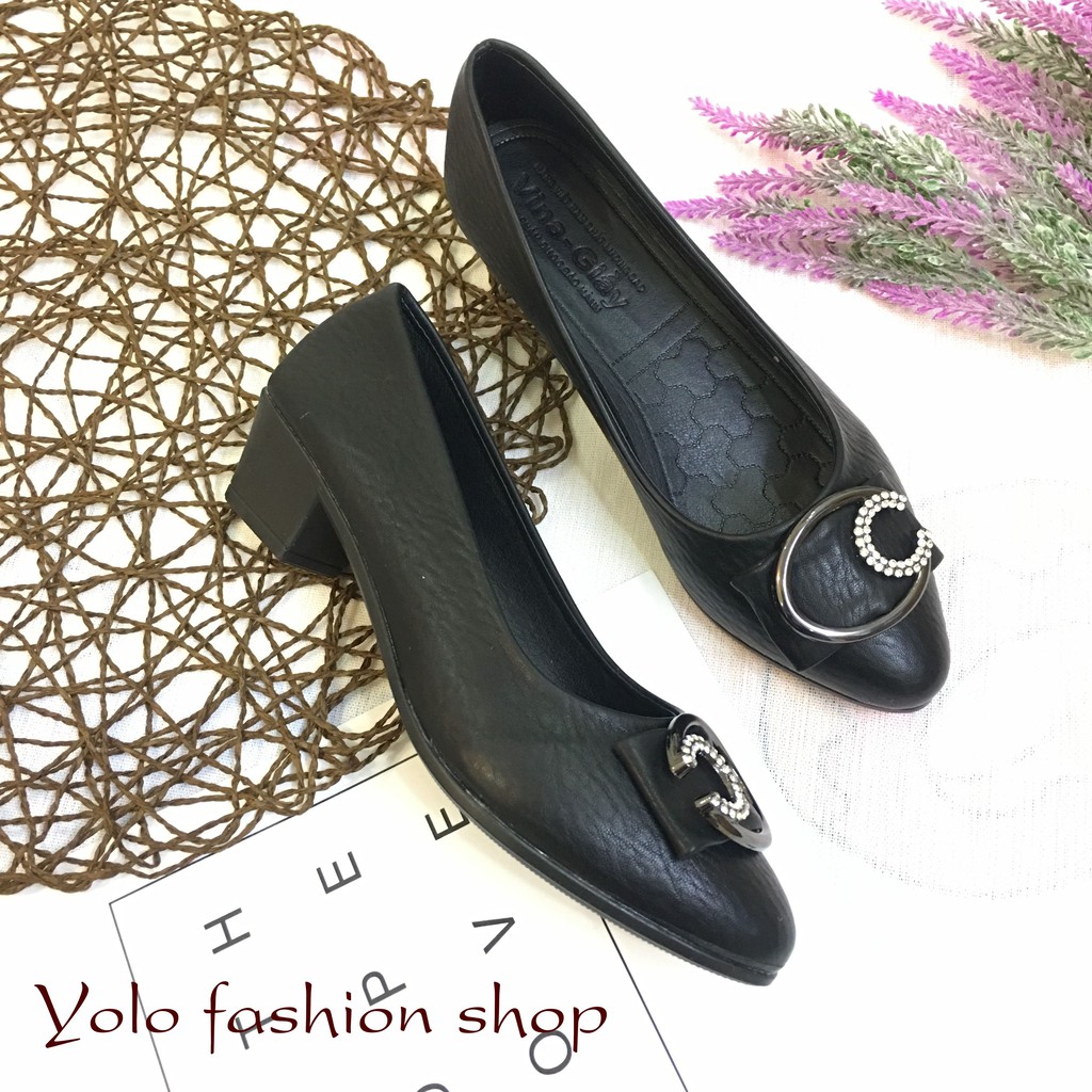 M20 Giày cao gót nữ da lì đế 4cm siêu mềm êm chân