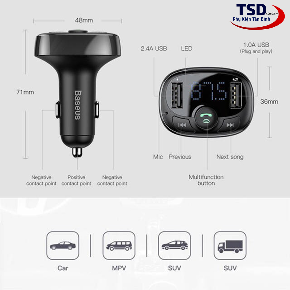 [HCM]Củ Sạc Xe Hơi Đa Năng Baseus S-09A (3.4A Dual USB PortBluetooth MP3 TF Card/FM)