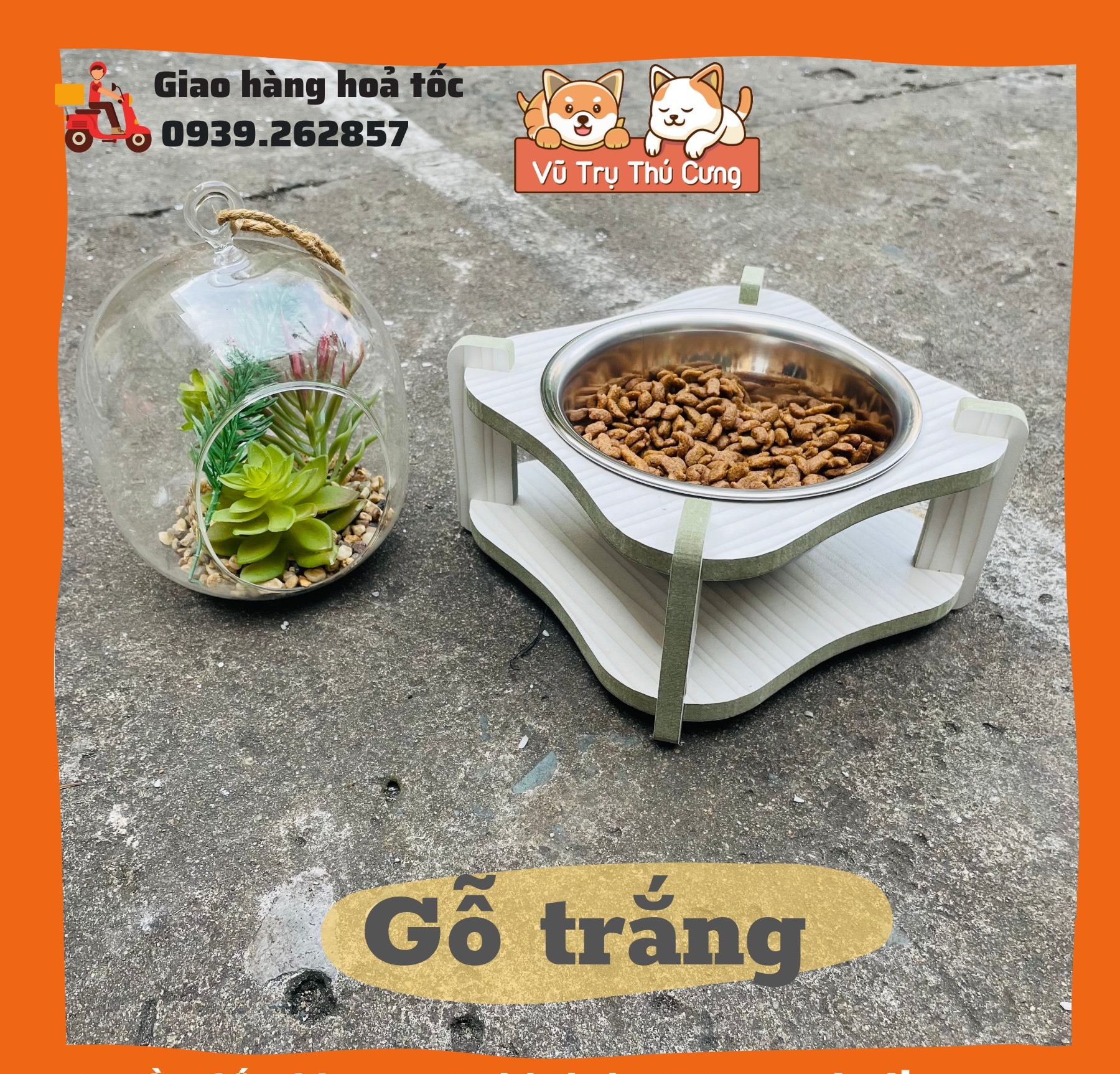 Bát ăn gỗ cho chó mèo kèm bát inox, bát đơn