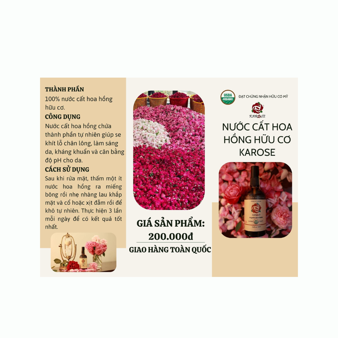 Karose Nước Hoa Hồng Hữu Cơ (Toner hoa hồng) Giúp cân bằng da, dưỡng ẩm da, cho làn da sáng mịn Chai 100ml Koshka Home