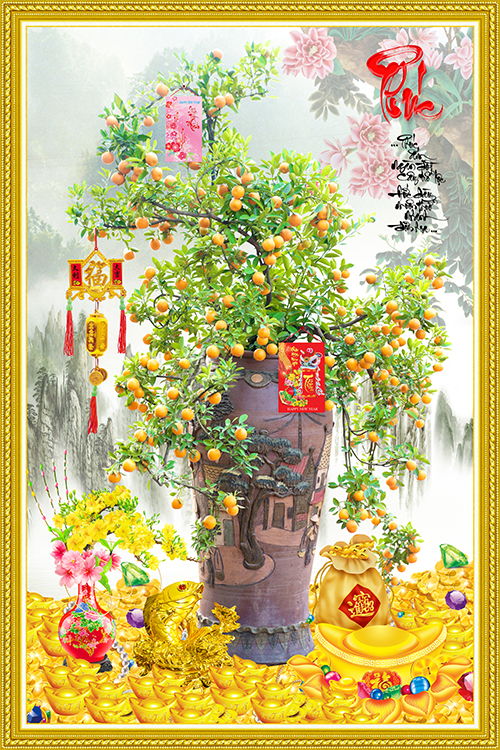Tranh Tết dán tường VTC Cây quất chữ Phúc cayquat140210cmkhung Kim sa