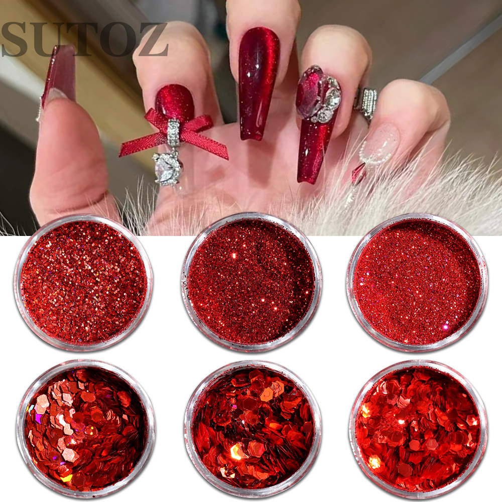 Set 6 nhũ rắc đỏ kim tuyến siêu sáng trang trí móng
