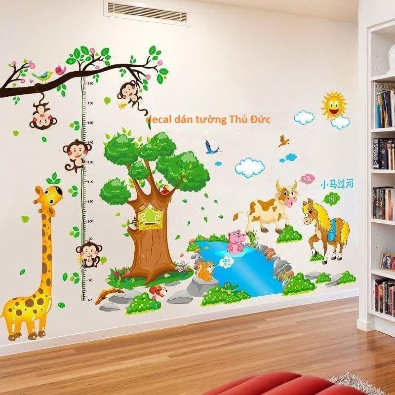 Combo 2 bức decal dán tường thước đo hưu và con ngựa dòng sông