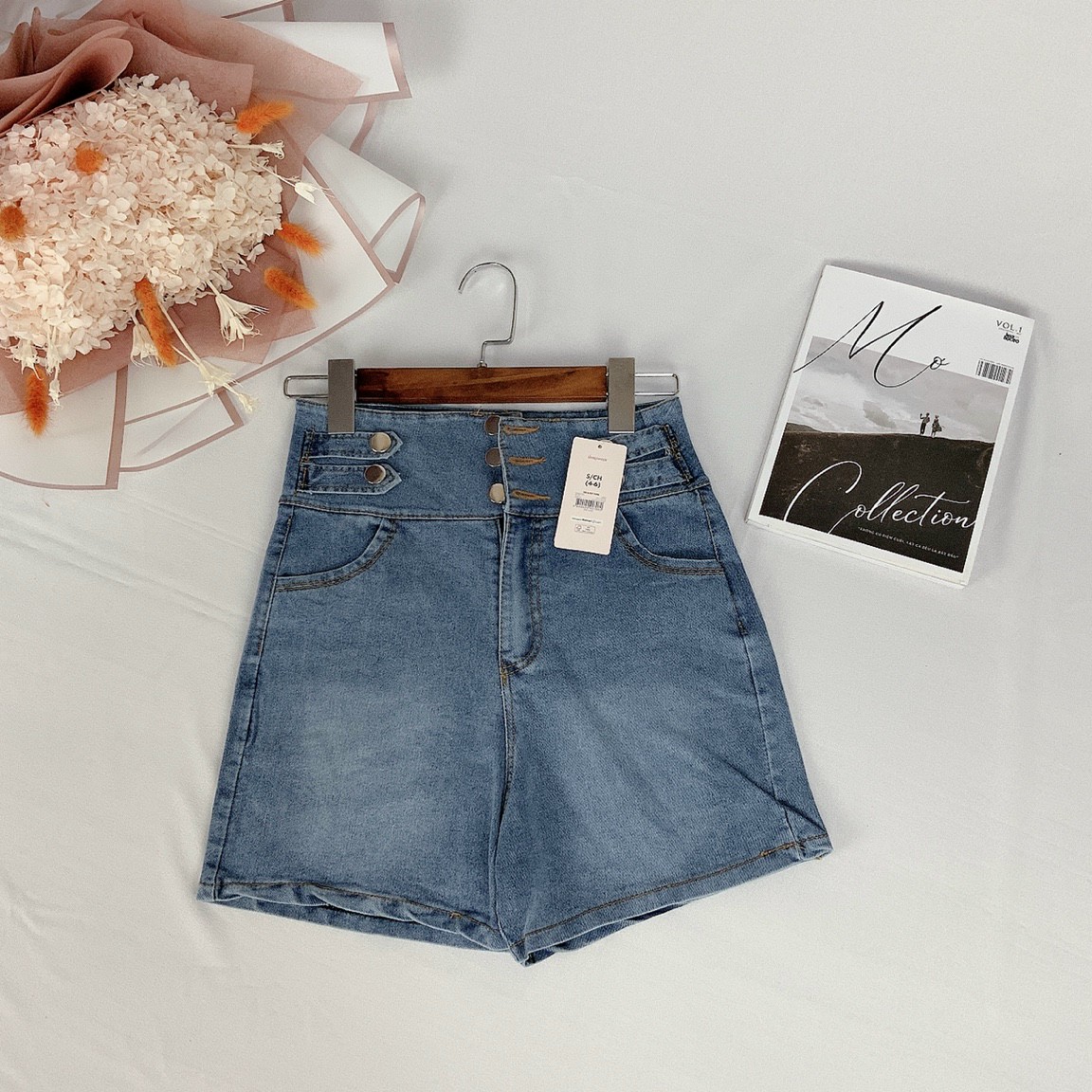 Quần Short jean 7 Nút,Quần Lưng Cao nữ,LY STORE