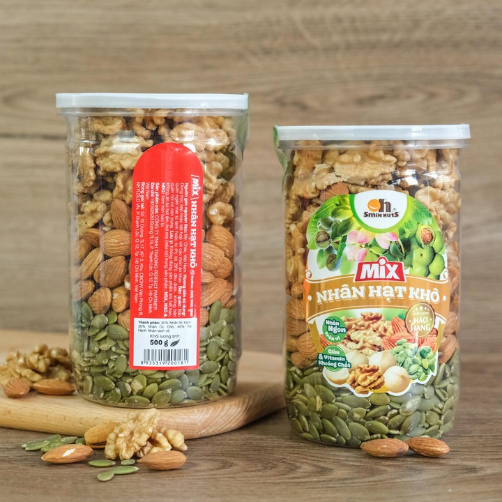 Mix Nhân Hạt Khô hộp 500g (Gồm Nhân Bí Xanh, Nhân Hạt Óc Chó, Hạnh Nhân tách vỏ nướng)