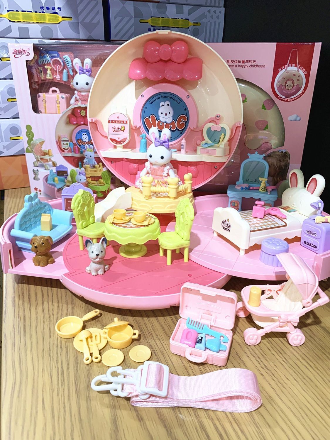 Đồ chơi Balo đồ chơi công chúa hình Donut, có thể làm túi đeo chéo. Hộp đồ chơi nhà công chúa. Balo có 1 công chúa