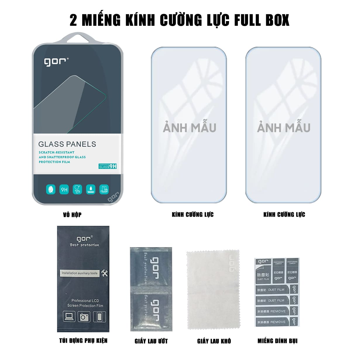 Kính cường lực Iphone 16 Pro Max / 15 Pro Max / 14 Plus / 13 Mini / 12 Pro / 11 / Xs full màn hình trong suốt hãng GOR