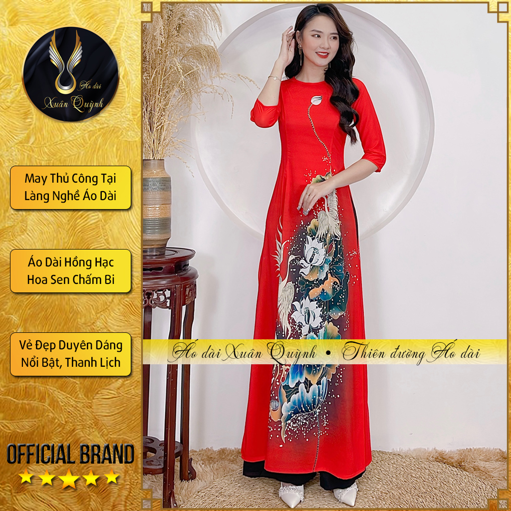 Áo dài hồng hạc hoa sen chấm bi, lụa habutai k02 đỏ - áo dài xuân quỳnh