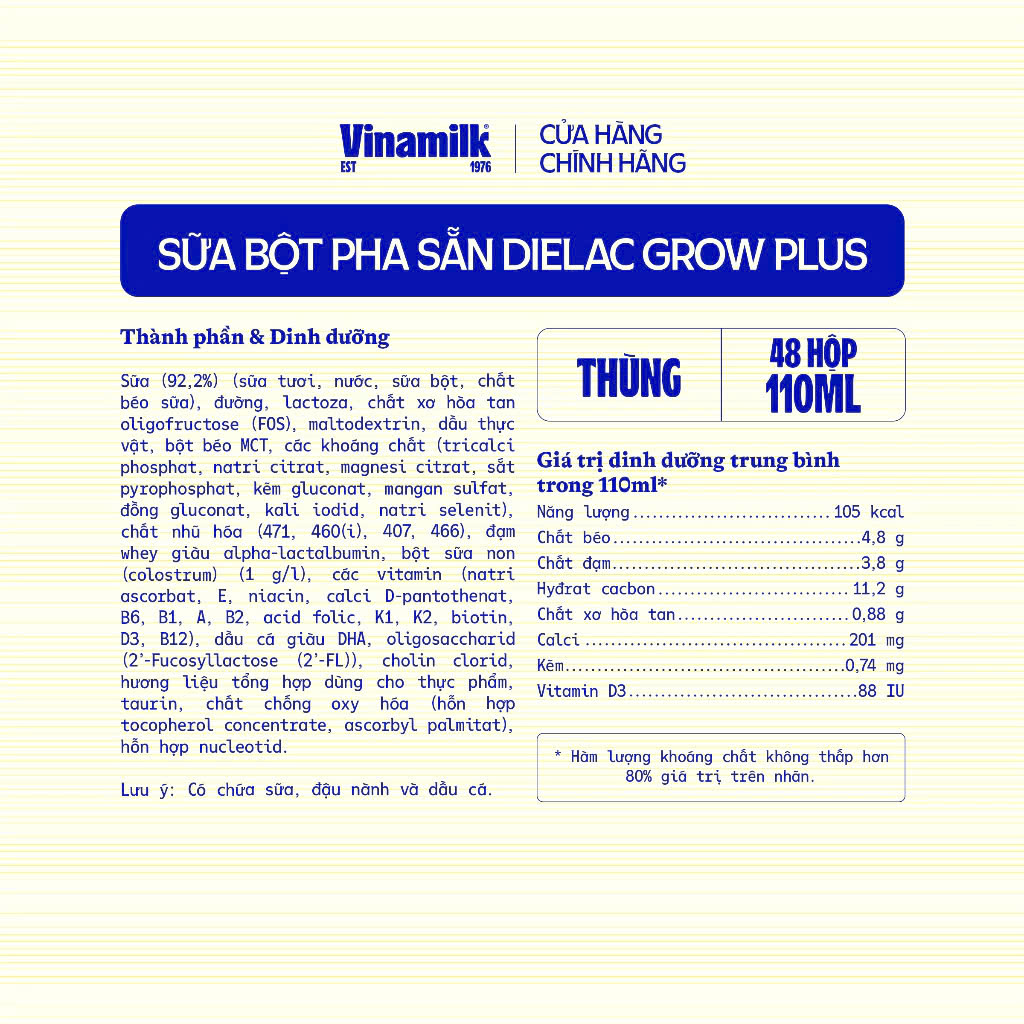 Thùng 48 Hộp Sữa Bột Pha Sẵn Vinamilk Dielac Grow Plus 110ml.