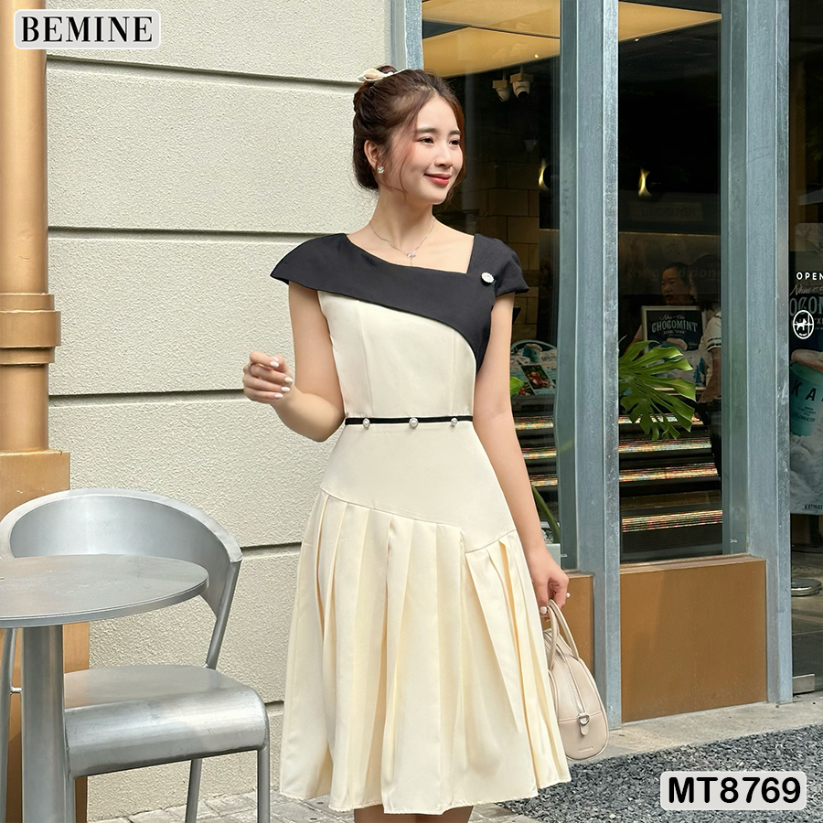 Đầm thiết kế đi tiệc cổ phối tùng xếp ly bemine mt8769