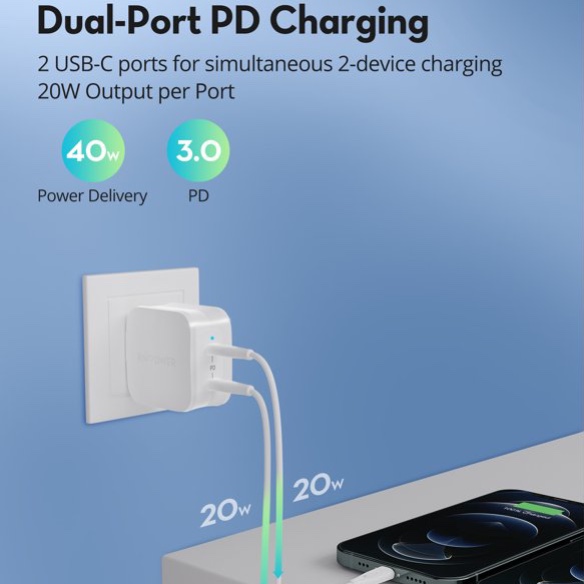 (Giao Hỏa Tốc) Củ sạc nhanh 2 cổng Ravpower 40W, cổng USB-C 20W RP-PC152(Bảo hành 12 tháng-Cam kết chính hãng).