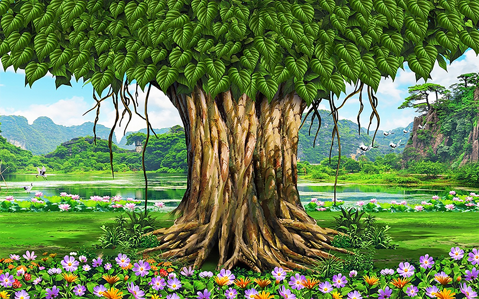 Tranh dán tường trang trí bàn thờ phòng thờ Cây Bồ Đề nhiều mẫu và kích thước