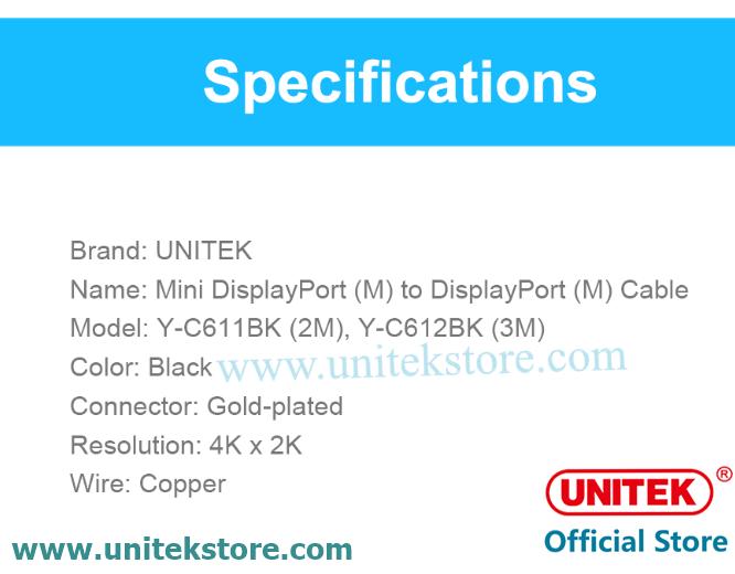 [UNITEK STORE] CÁP CHUYỂN MINI DISPLAYPORT SANG DISPLAYPORT DÀI 2M UNITEK (Y-C 611)