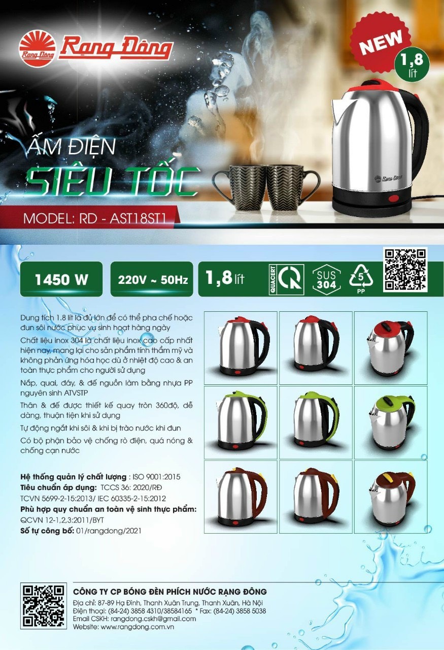 Ấm điện siêu tốc 1,8 lít - Rạng Đông (model: RD-AST18ST1)