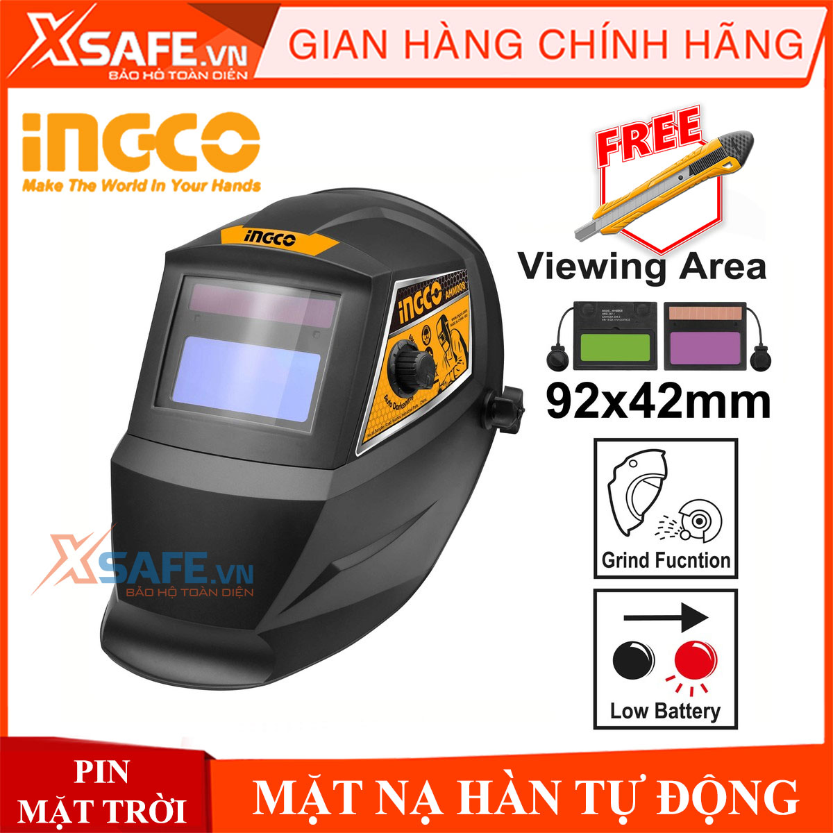 Kính hàn điện tự động INGCO AHM008 mặt nạ hàn điện tử cảm biến cao tự động tối khi hàn điều chỉnh độ sáng mặt kính lớn
