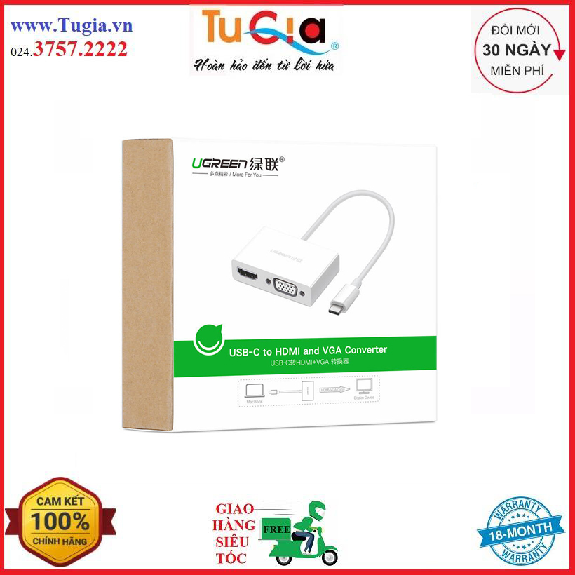 Cáp chuyển đổi ugreen usb type-c sang vga hdmi 30843 - hàng chính hãng