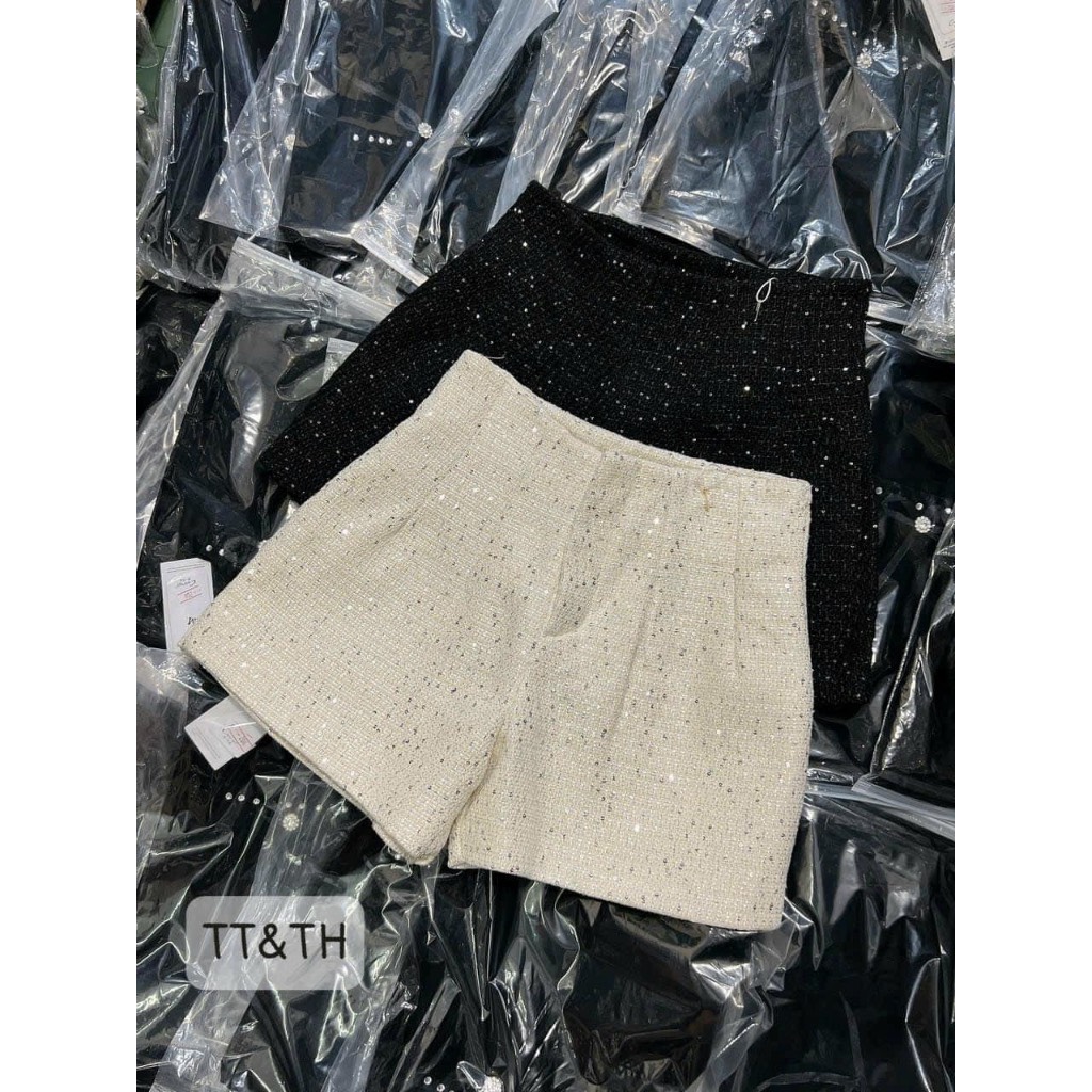 Quần short dạ kim tuyến cạp cao, Quần short phồng xếp ly Mã 021