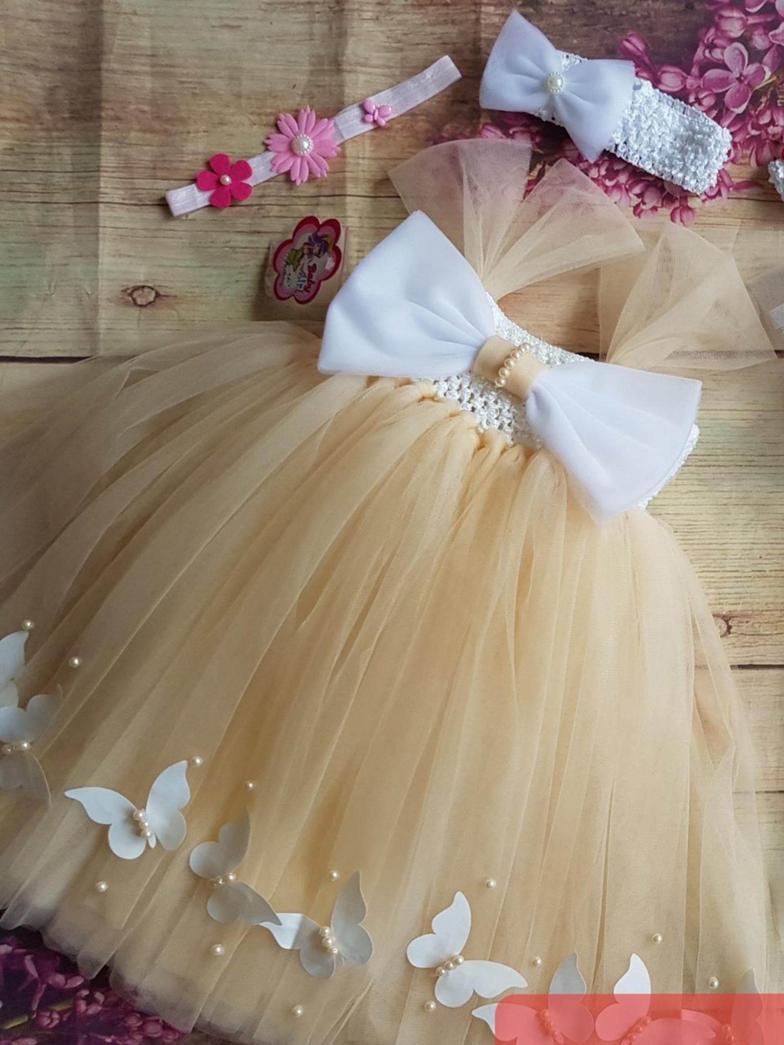 Váy tutu công chúa màu da - nơ trắng