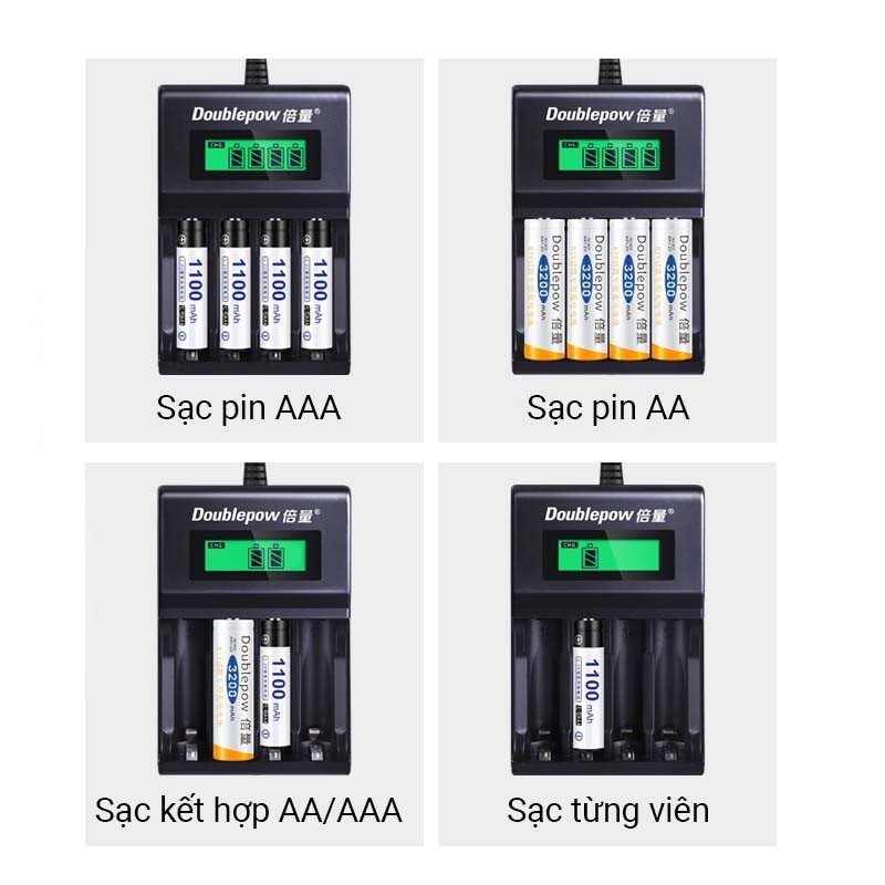 Sạc pin Doublepow UK93B sạc pin AA AAA tự ngắt khi đầy có màn hình hiển thị thông minh