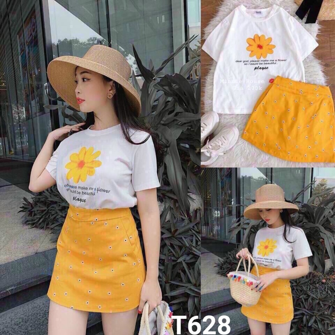 Set áo bông cúc tay ngắn kem váy quá đẹp T628