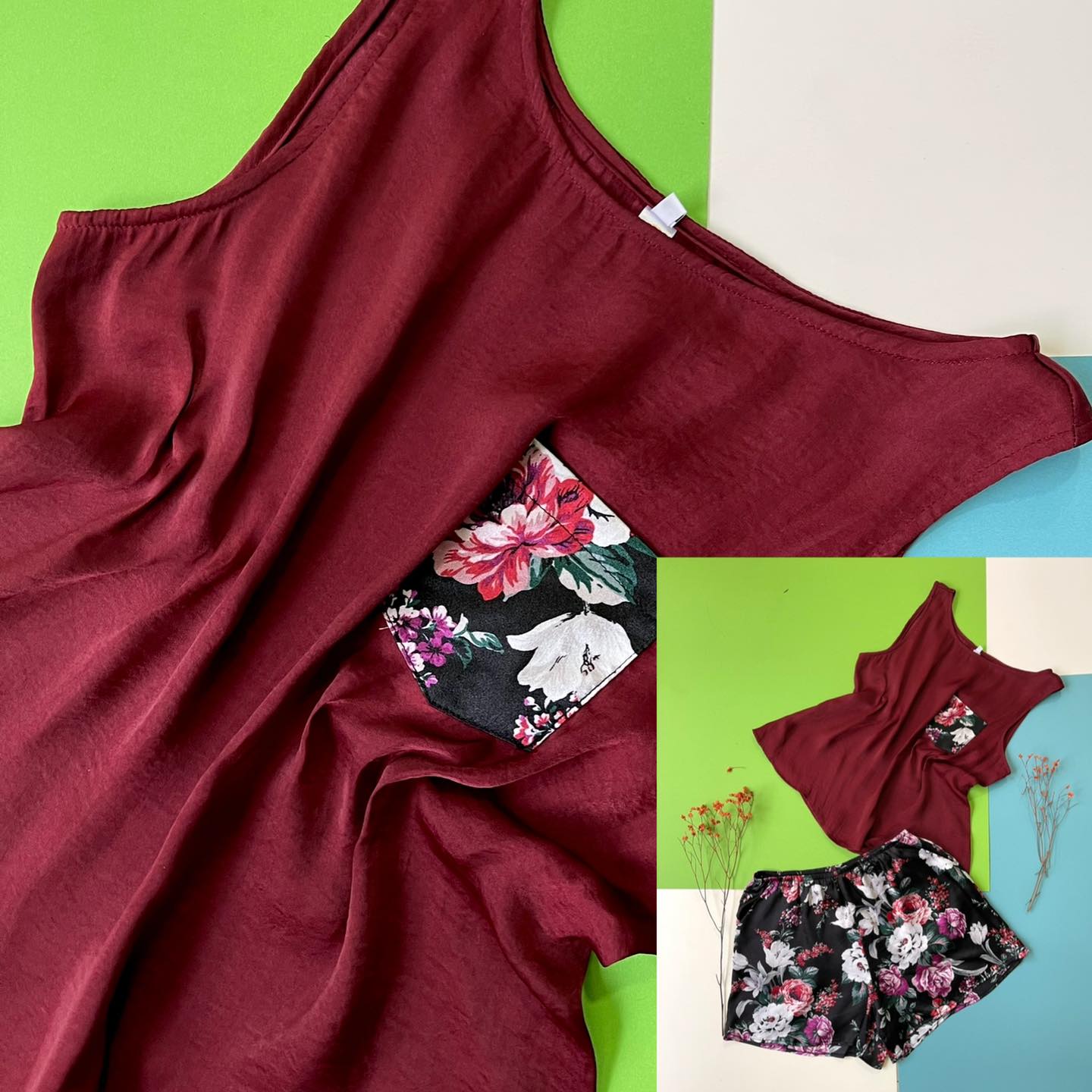 Bộ đùi lụa mặc nhà cổ tròn phối màu và hoa văn Infashion