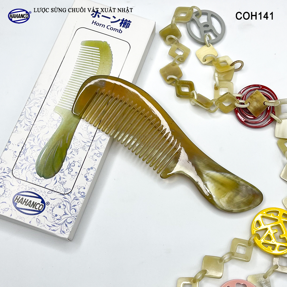 Lược sừng xuất Nhật - COH141 (Size: M - 15,5cm) Lược chuôi vát - Horn Comb of HAHANCO - Có lợi cho sức khỏe
