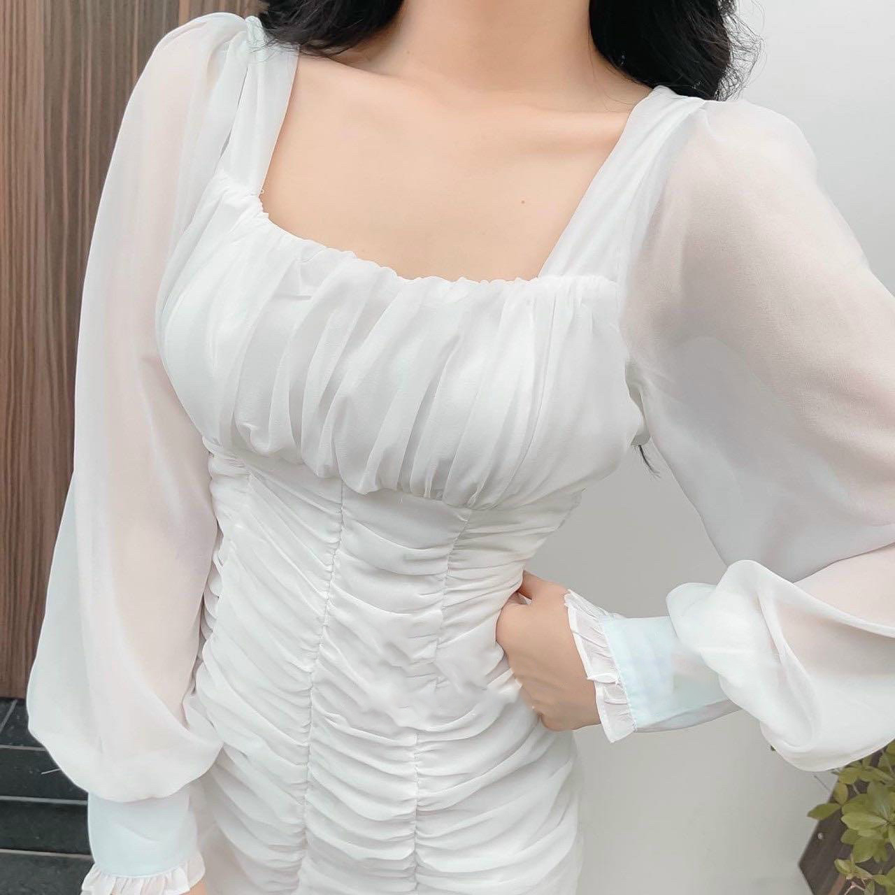 Đầm trắng tay dài tùng nhúng
