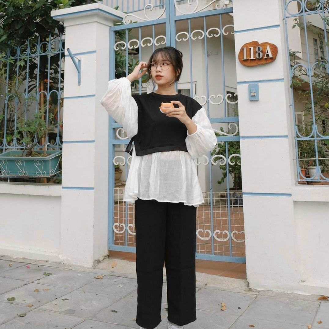 Áo peplum tay phồng phối ghile thắt eo