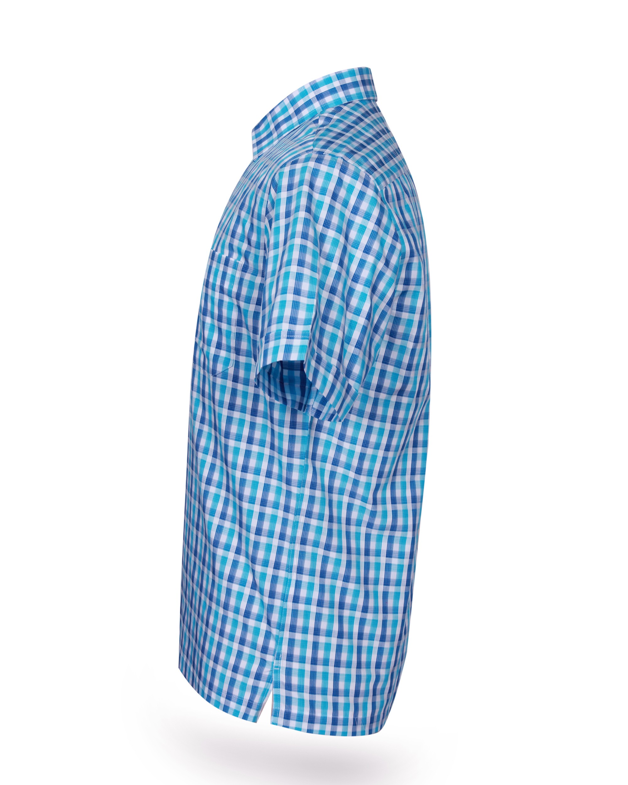 Áo sơ mi nam tay ngắn KHATOCO form Tailor Fit lai ngang caro xanh mã A1MN438T2-CNCR053-2408-N