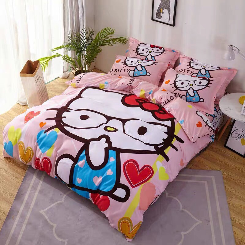 Bộ chăn ga gối cotton tina 3d - hello kitty đeo kính